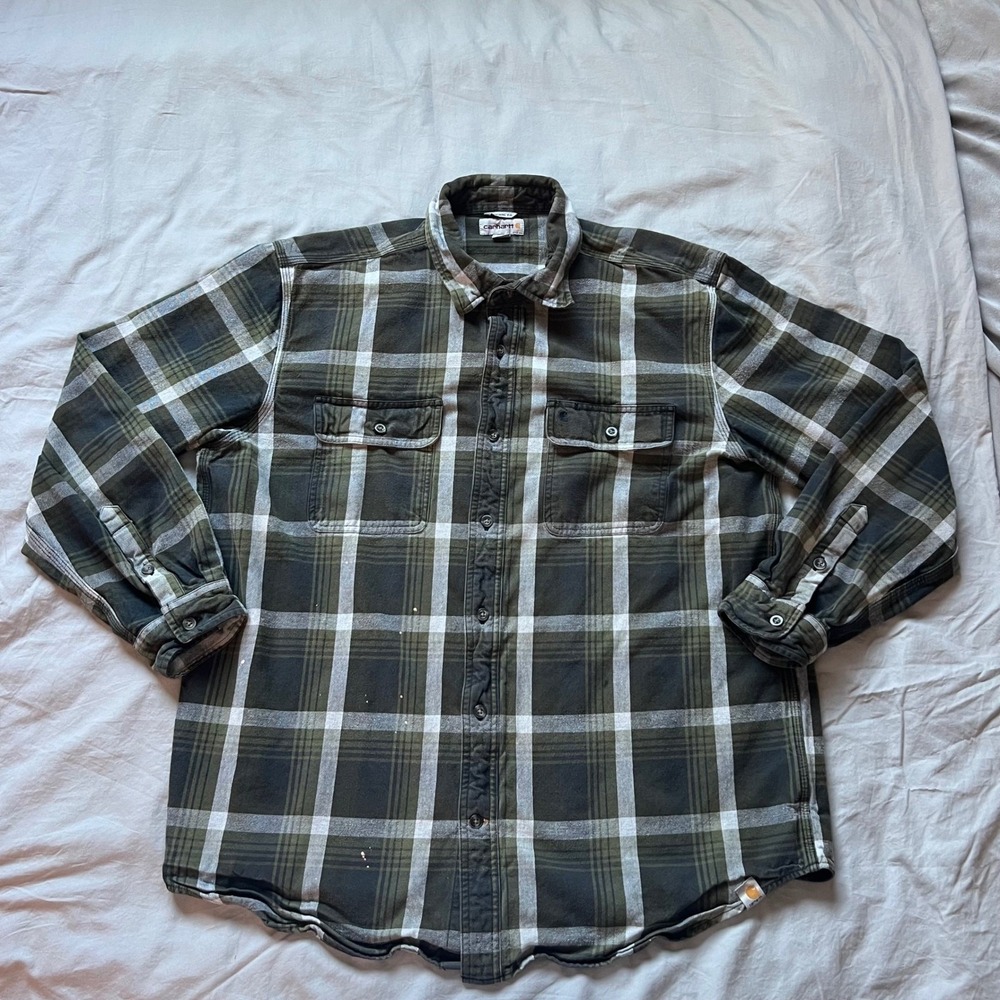 CARHARTT Flannel Mens XL Original Fit Plaid Button Up Shirt Olive Green Workwear